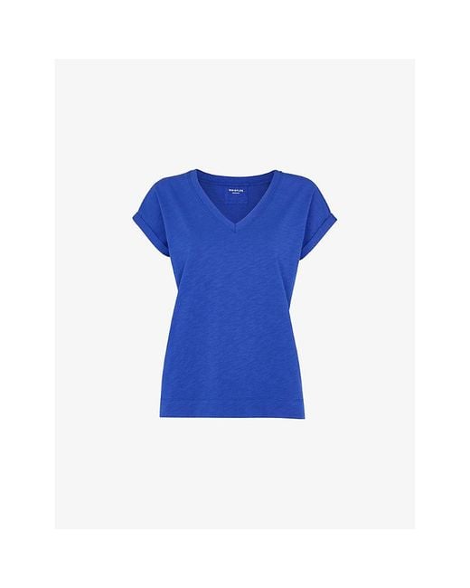 Whistles Blue Willa V-Neck Cotton-Jersey T-Shirt