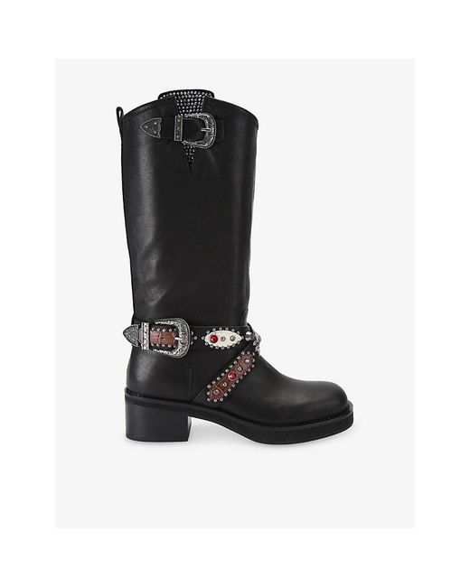 Kurt Geiger Black Western Mid Leather Biker Boots