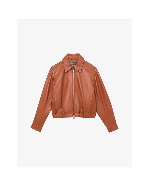 Reiss Brown Lottie Cropped Leather Bomber Jacket