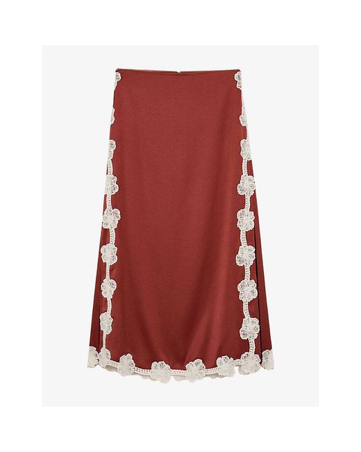 Reiss Red Doa Floral-Lace Satin Midi Skirt