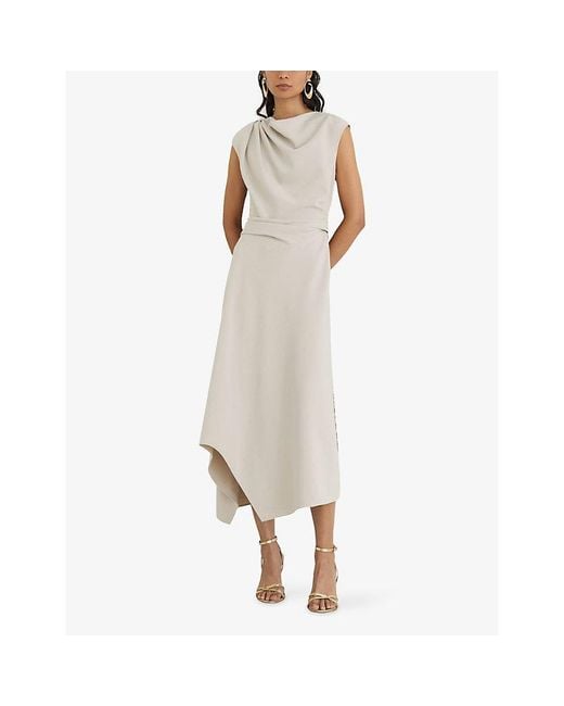 Reiss Gray Camilla Gathered-Detail Stretch-Woven Midi Dress