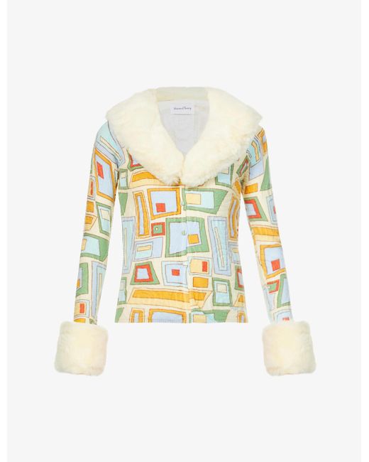 House Of Sunny Yellow Pepperland Peggy Abstract-print Faux-fur Knitted Cardigan