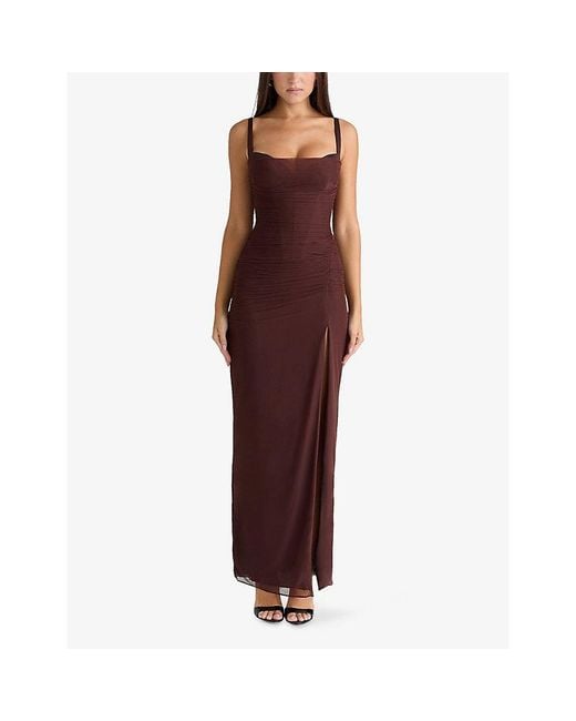 House Of Cb Purple Lini Corset-Bodice Stretch-Mesh Maxi Dress Xs (A-C Cup)