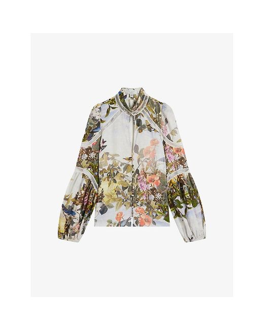 Ted Baker White Luuciaa High-neck Floral-print Linen Blouse