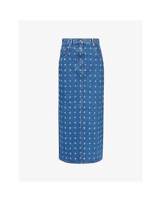 Nina Ricci Blue Distressed-pattern Slim-fit Denim Maxi Skirt