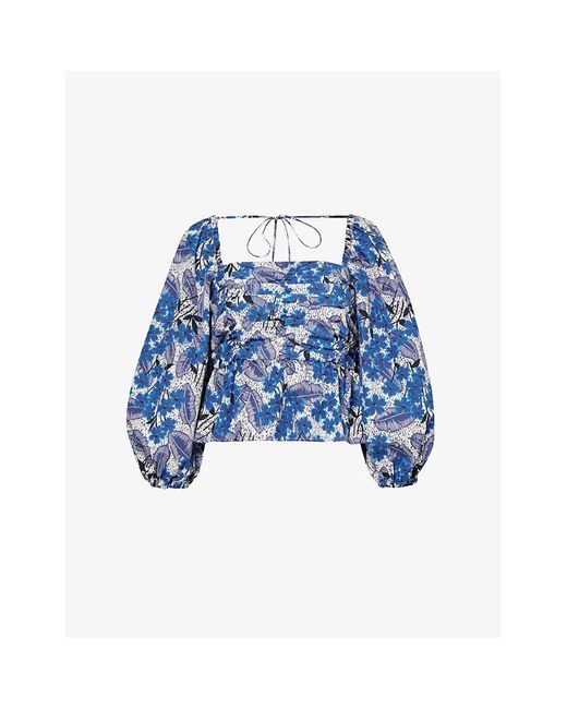 Weekend by Maxmara Blue Palpiti Floral-pattern Cotton-poplin Top