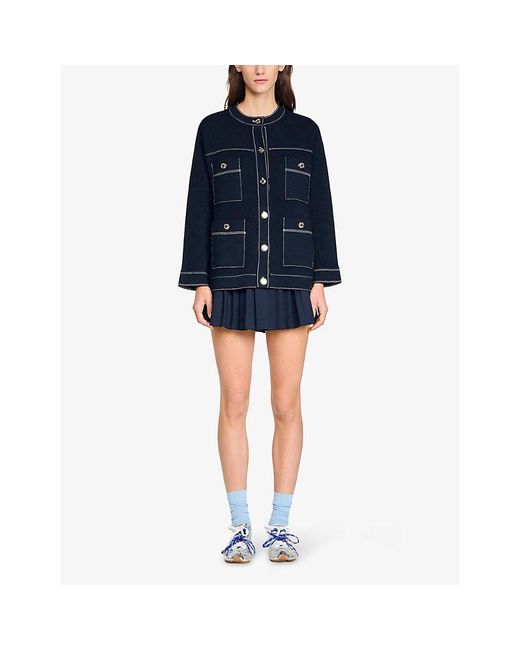 Sandro Blue Four-Pocket Contrast-Stitch Knitted Cardigan