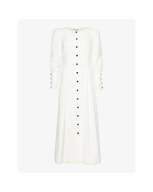 Reformation White Halia Puffed-sleeve Stretch Organic-cotton Midi Dress