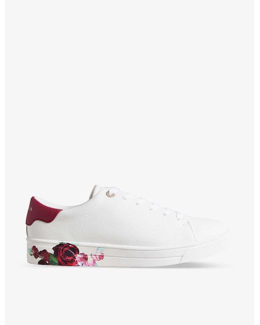 Ted Baker White Arlila Rose-print Low-top Leather Trainers