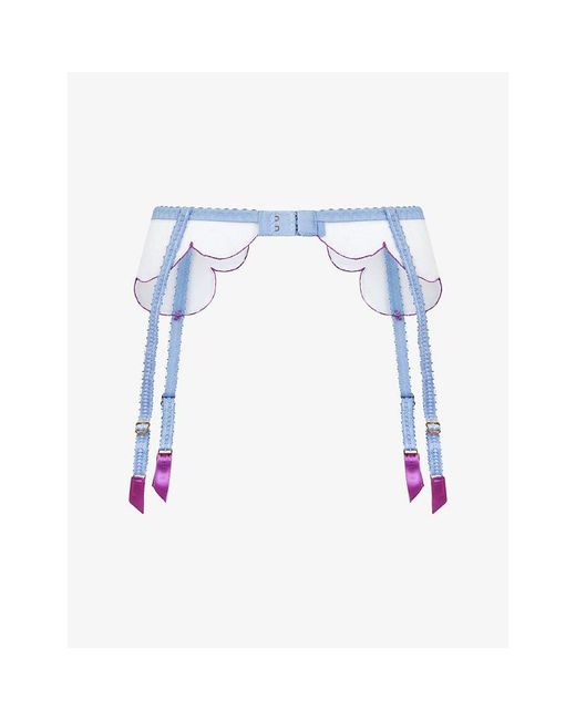 Agent Provocateur Blue Lorna Bow-Embellished Mesh Suspender Belt