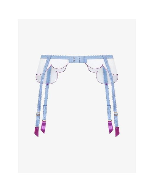 Agent Provocateur Blue Lorna Bow-Embellished Mesh Suspender Belt