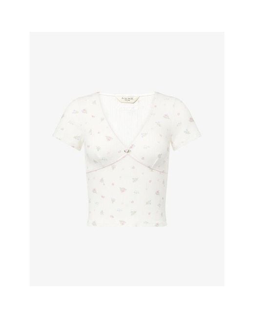 Lounge Underwear White Short-Sleeve Ribbed Cotton-Blend Pyjama Top