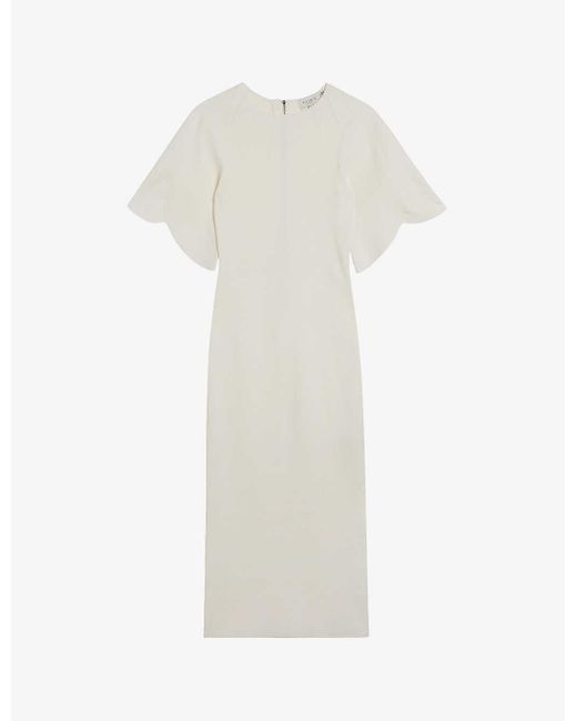 Ted Baker White Raelea Fluted-sleeve Slim-fit Stretch-knit Midi Dress