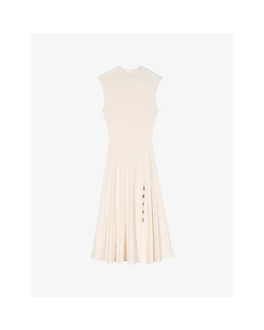 Maje White Ribbed High-Neck Stretch-Knit Midi Dress