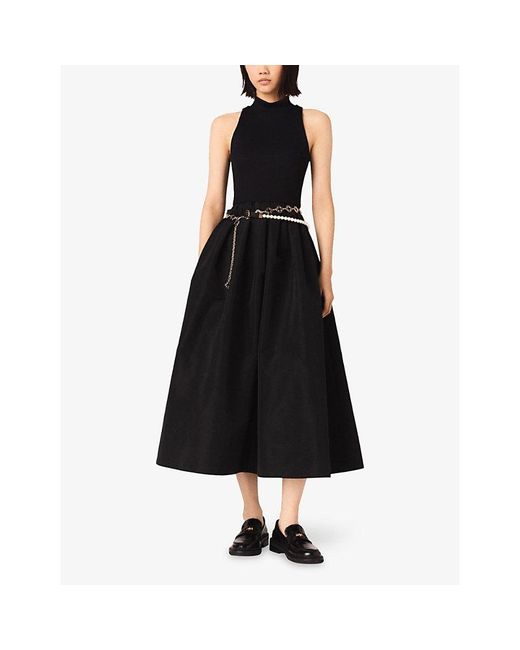 Maje Black Sleeveless High-Neck Taffeta Midi Dress
