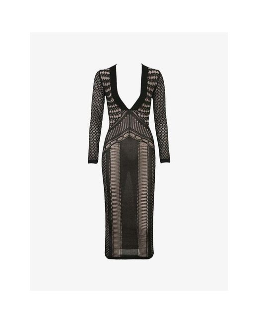 House Of Cb Black Loula Plunge-Neck Long-Sleeve Stretch-Knit Midi Dress