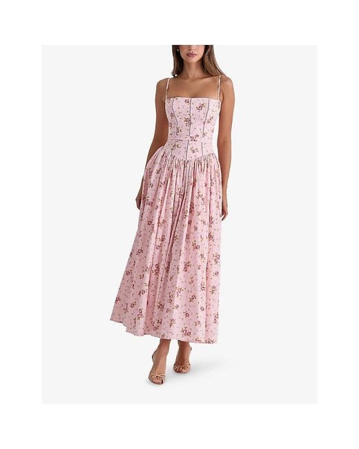 House Of Cb Pink Ysabella Floral-Print Stretch-Cotton Midi Dress