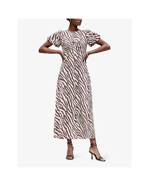 Ro&zo Brown Zebra-Print Puff-Sleeve Woven Midi Dress