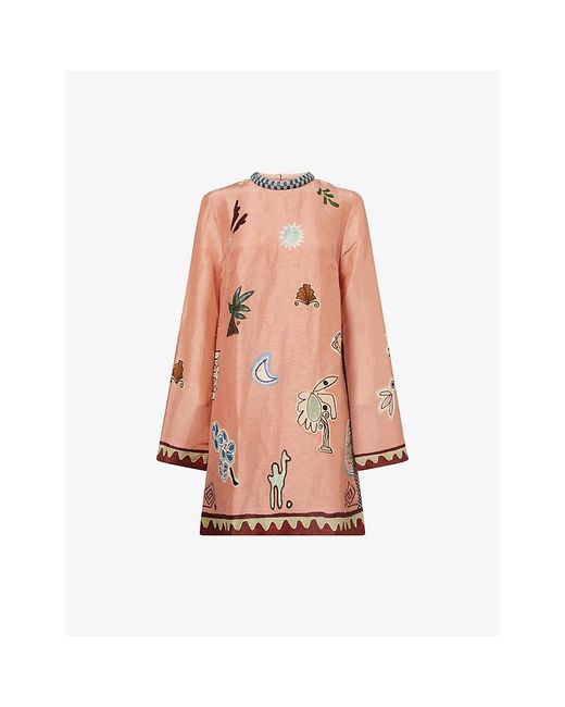 ALÉMAIS Pink Laurence Graphic-Pattern Linen-And-Silk Mini Dress