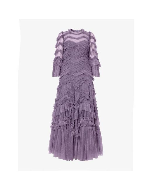 Needle & Thread Purple Elia Frilled-Trim Recycled-Polyester Maxi Dress