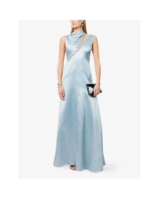 Erdem Blue Crystal-Embellished Sleeveless Satin Gown