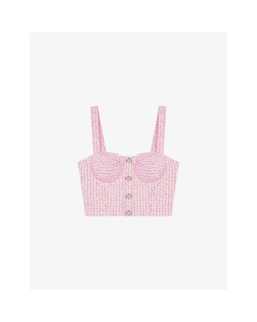 Maje Pink Sweetheart-neck Tweed Cropped Top