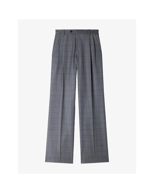 Sandro Gray Rhinestone Check Wool Trousers