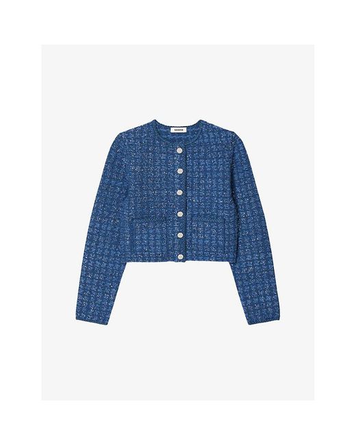 Sandro Blue Sequin-embellished Dropped Stretch-woven Cardigan