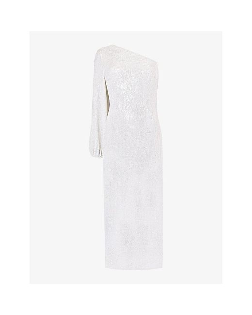 Ro&zo White Selena Sequin-embellished One-shoulder Stretch-woven Midi Dress