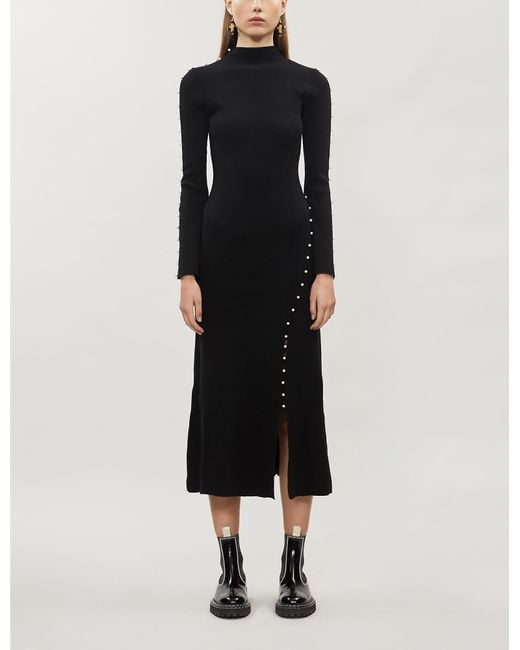 Sandro Black Faux Pearl-embellished High-neck Knitted Midi Dress