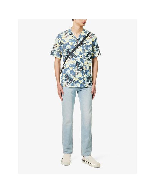 PS by Paul Smith Blue Floral-print Camp-collar Cotton-blend Shirt for men