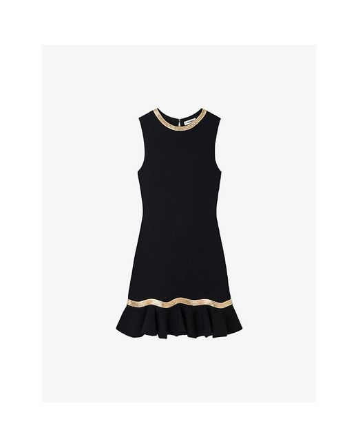 Sandro Black Metallic-Trim Sleeveless Knitted Mini Dress