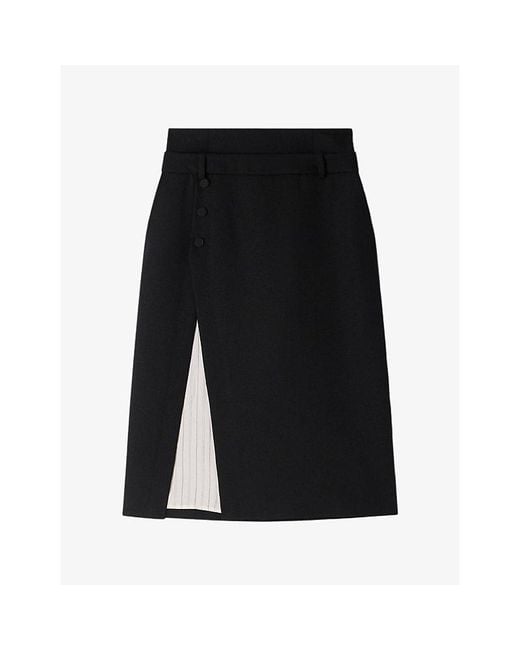 Sandro Black Mid-Rise Split-Hem Wool Midi Skirt