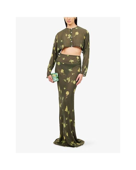 HYPHEN Green Floral-Print Sheer Maxi Skirt