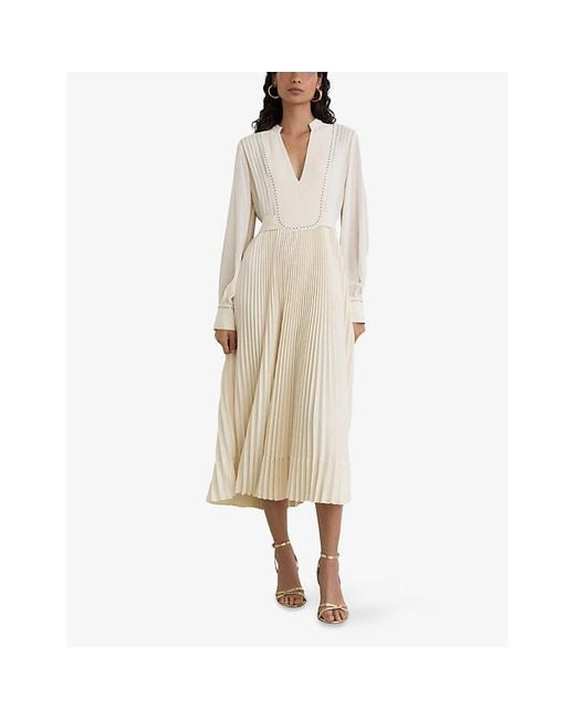 Reiss Natural Millie Stud-Detail Pleated Woven Midi Dress