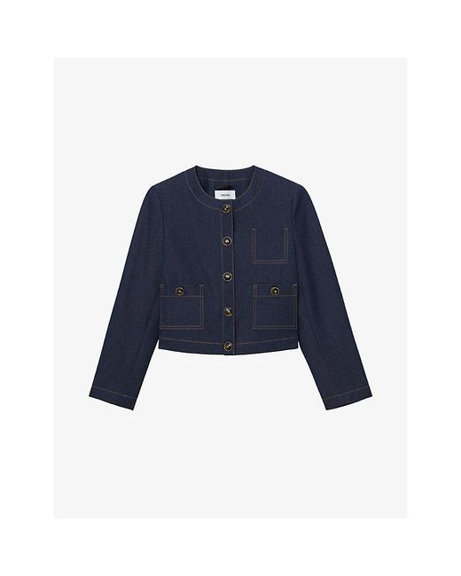 Reiss Blue Edie Collarless Cropped Denim-Blend Jacket