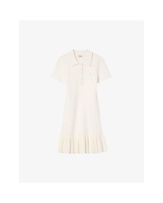 Sandro White Polo-Collar Pleated-Hem Stretch-Knit Mini Dress