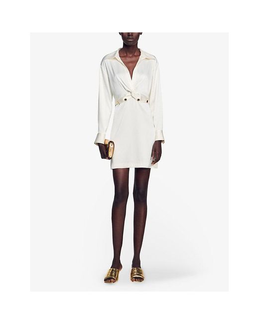 Sandro Fleur Button-embellished Stretch-satin Mini Dress in White | Lyst