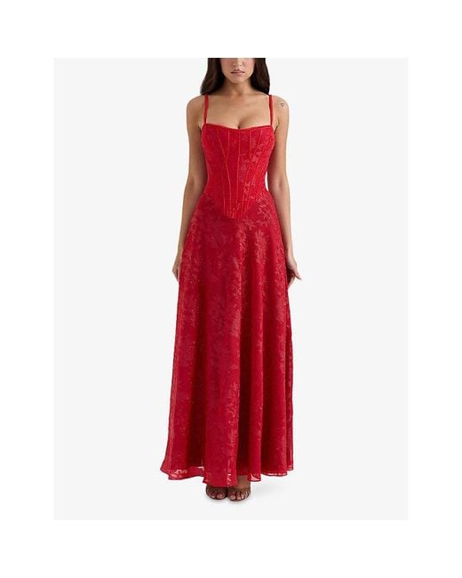 House Of Cb Red Esme Floral-Pattern Chiffon Maxi Dress