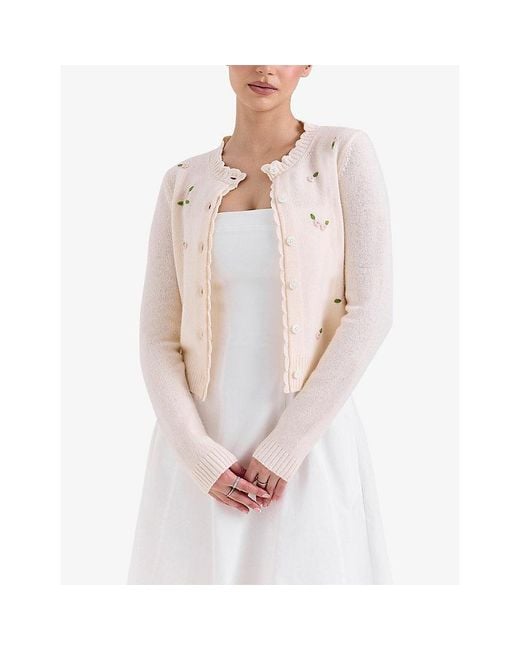 House Of Cb White Anjou Floral-Embroidered Wool Cardigan