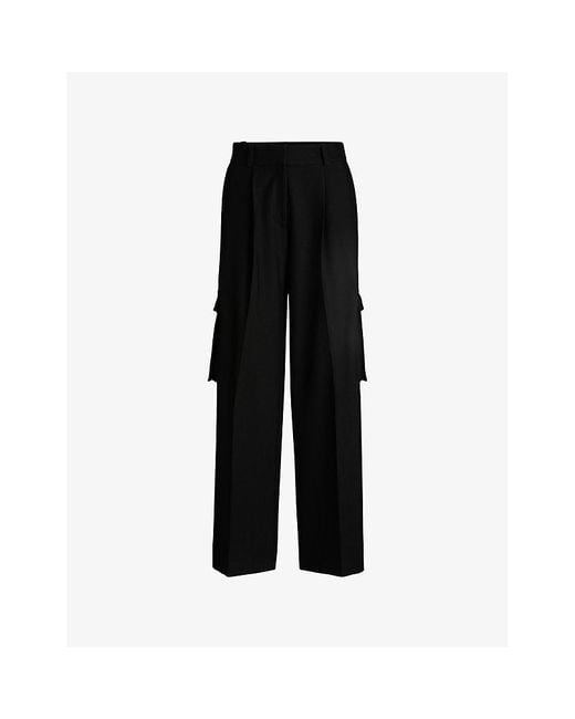 HUGO Black Flap-Pocket Wide-Leg High-Rise Stretch-Woven Trousers