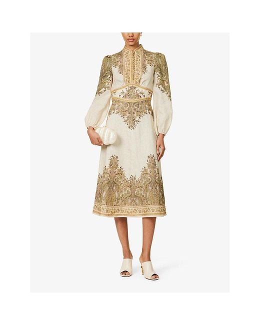 Zimmermann Natural Floral And Paisley-print Linen Midi Dres