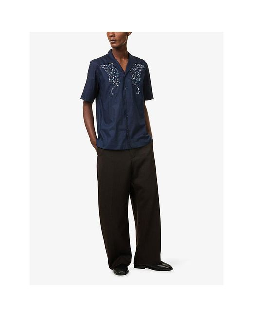 Dries Van Noten Blue Short-Sleeve Embroidered Cotton Shirt for men