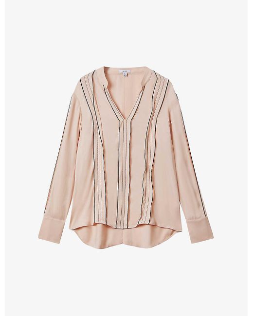 Reiss Pink Mia Contrasting-trim Stretch-woven Blouse