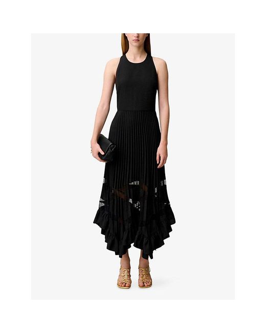 Claudie Pierlot Black Round-Neck Pleated-Skirt Woven Midi Dress