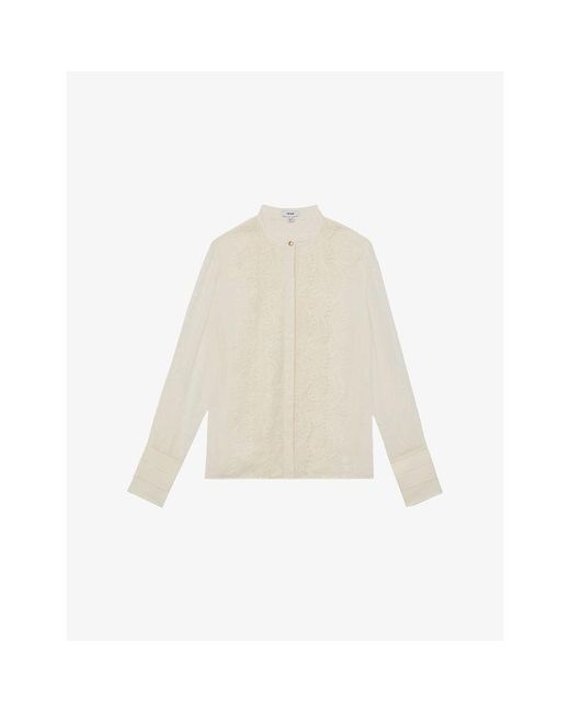 Reiss White Miranda Lace-Trim Sheer Crepe Blouse