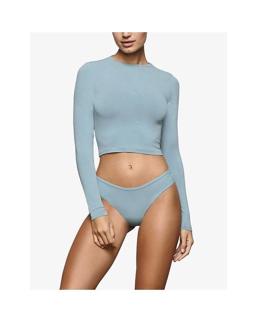 Skims Blue New Vintage Long-sleeve Cropped Stretch-cotton T-shirt X