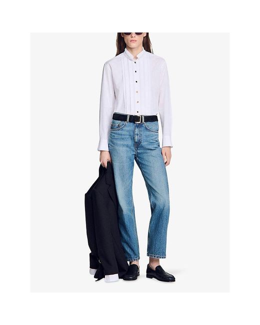 Sandro White Pleated Origami-Collar Cotton Shirt
