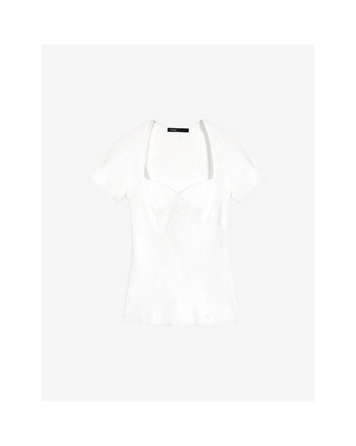 Maje White Moka Sweetheart-Neck Short-Sleeved Sweater