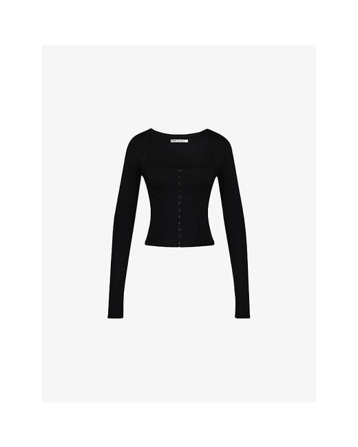 House Of Cb Black Square-Neck Long-Sleeved Stretch-Woven Top Xs (D-E Cup)